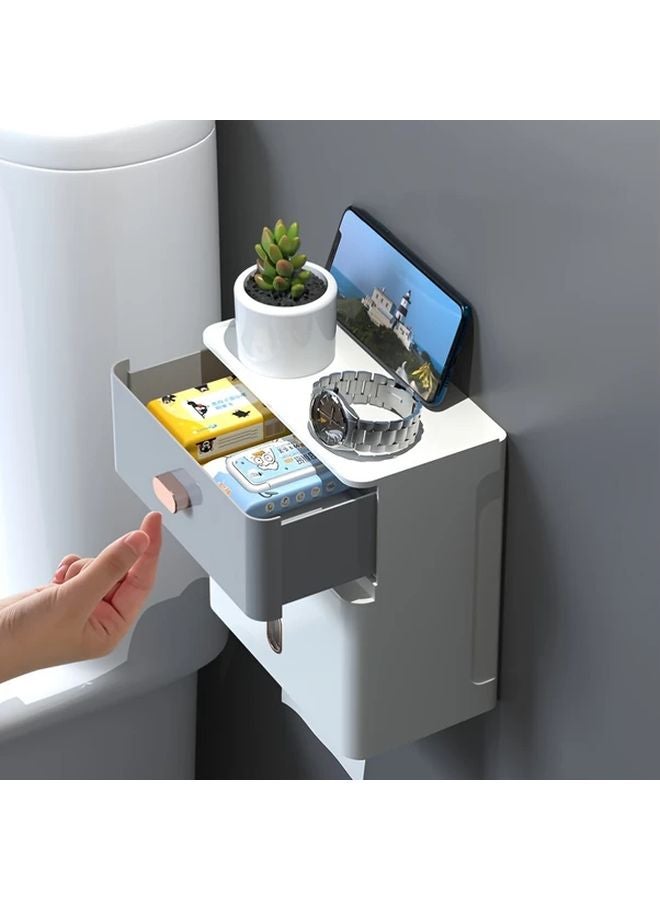 رفرف تخزين حمام أبيض مزدوج الطبقات مثبت على الحائط بحامل مناديل كبير السعة - Image 5